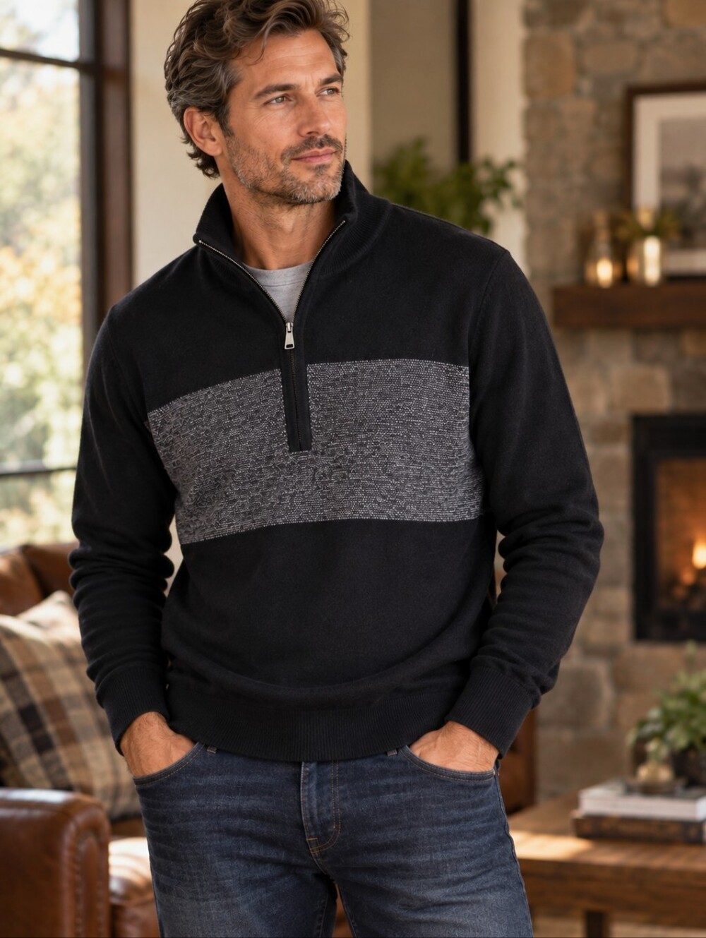 Banana Republic Men’s Cashmere Cotton Quarter Zip Sweater Black Gray L Capsule